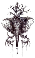 Mystic Elephant & Owl Dark Art Tattoo