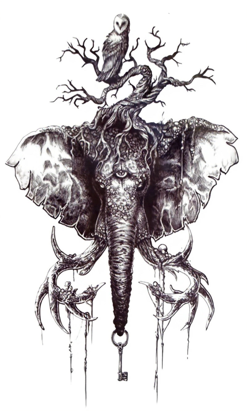 Mystic Elephant & Owl Dark Art Tattoo