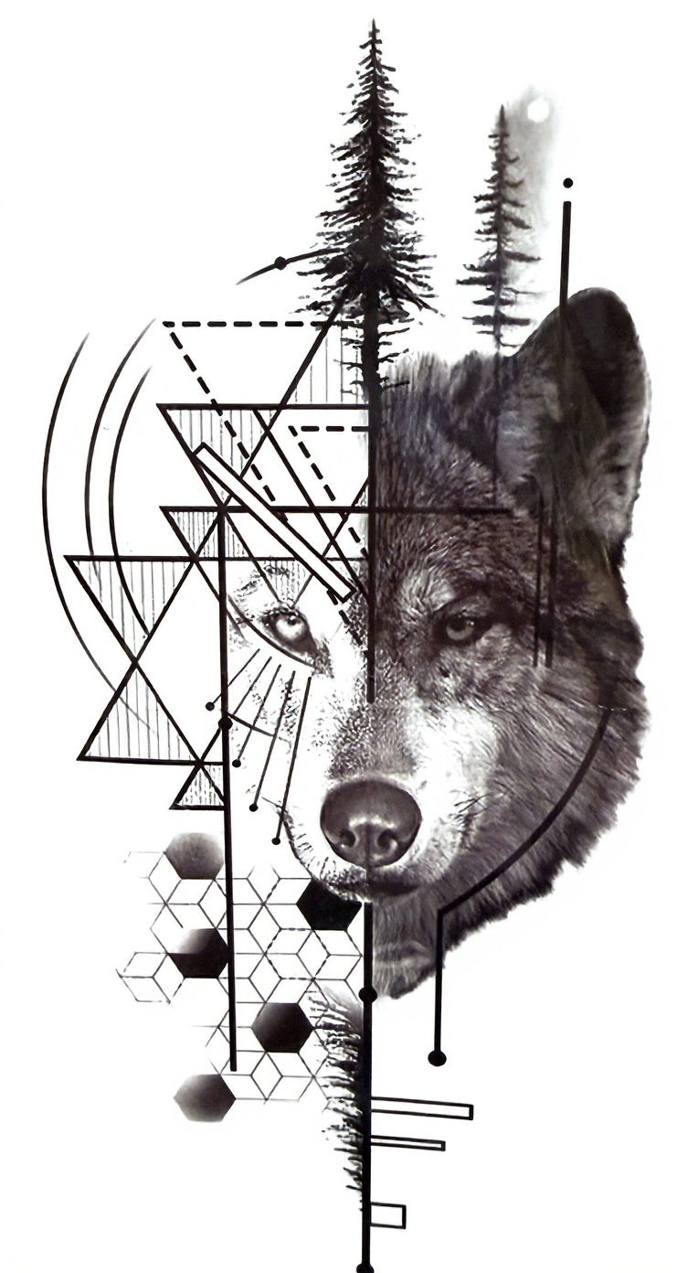 Geometric Wolf & Pine Tree Tattoo